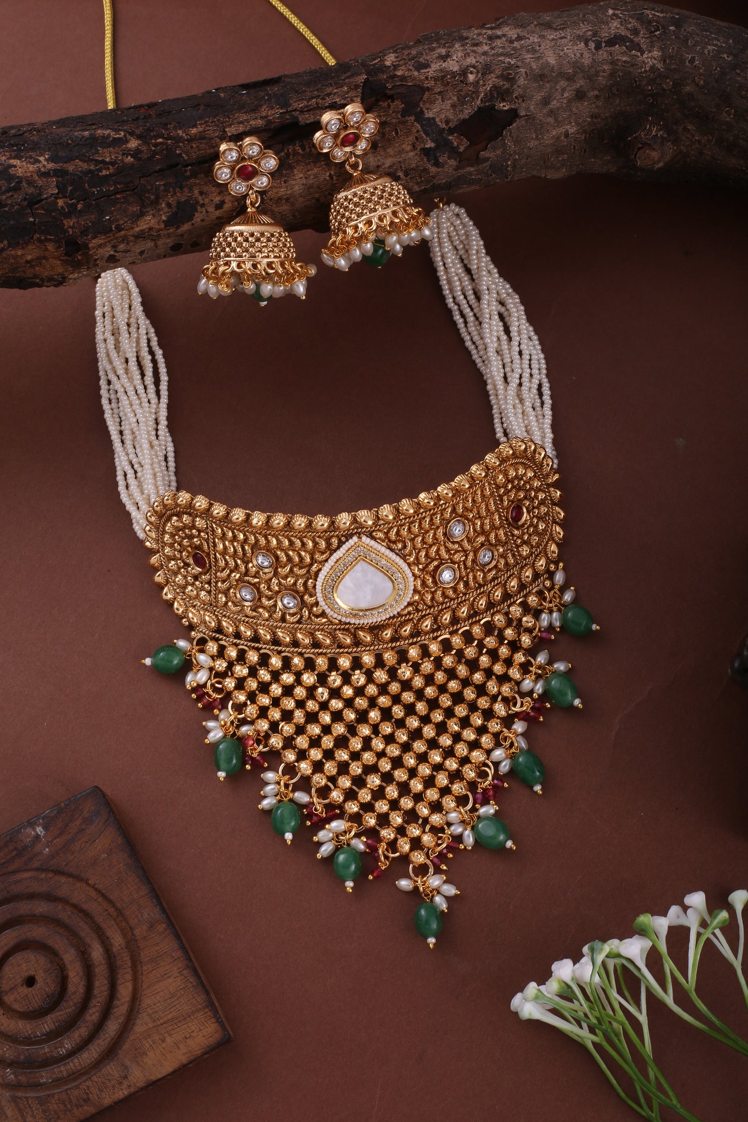 Antique Gold Multicolor Pearl Choker Necklace Set