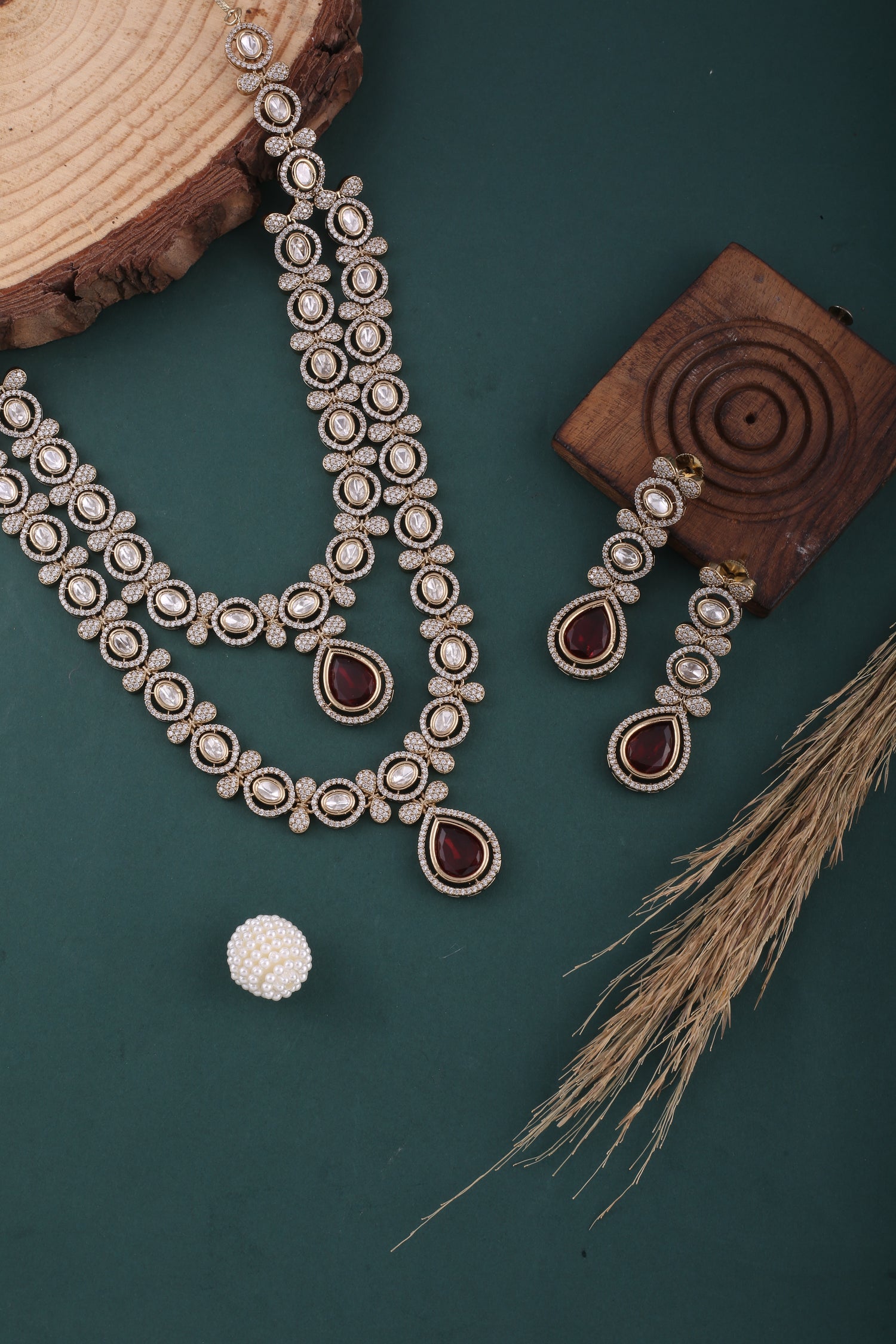 Ruby Red Victorian AD Moissanite Double Layer Necklace Set