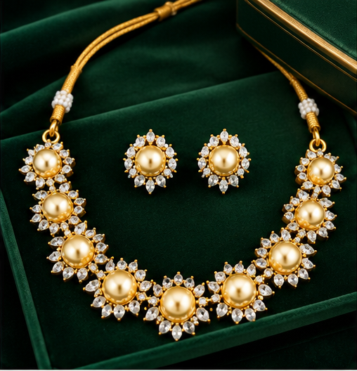 Golden Champagne Pearl Collar Necklace Earrings Set