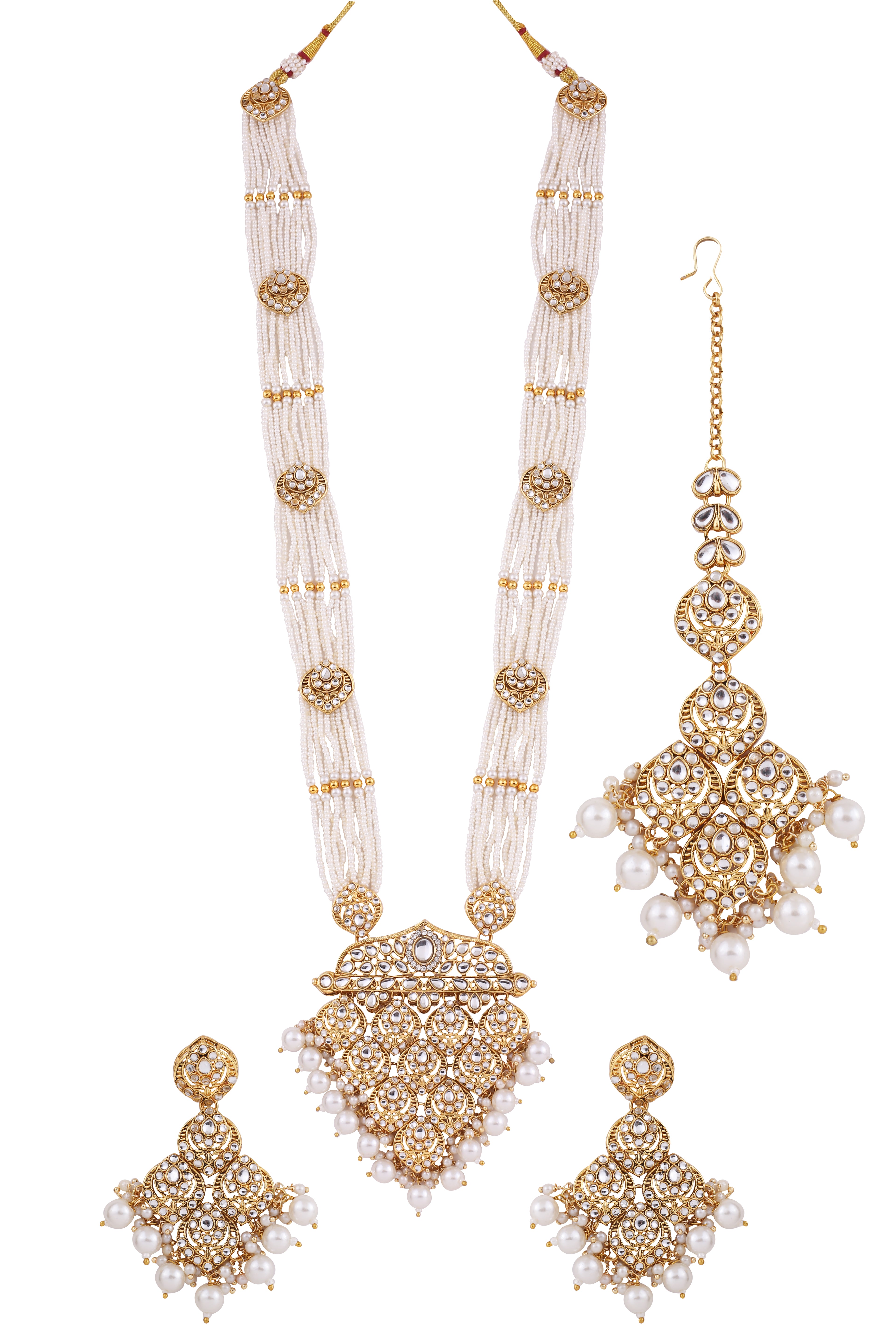 Pearl Polki Long Necklace Set With Maang Tikka