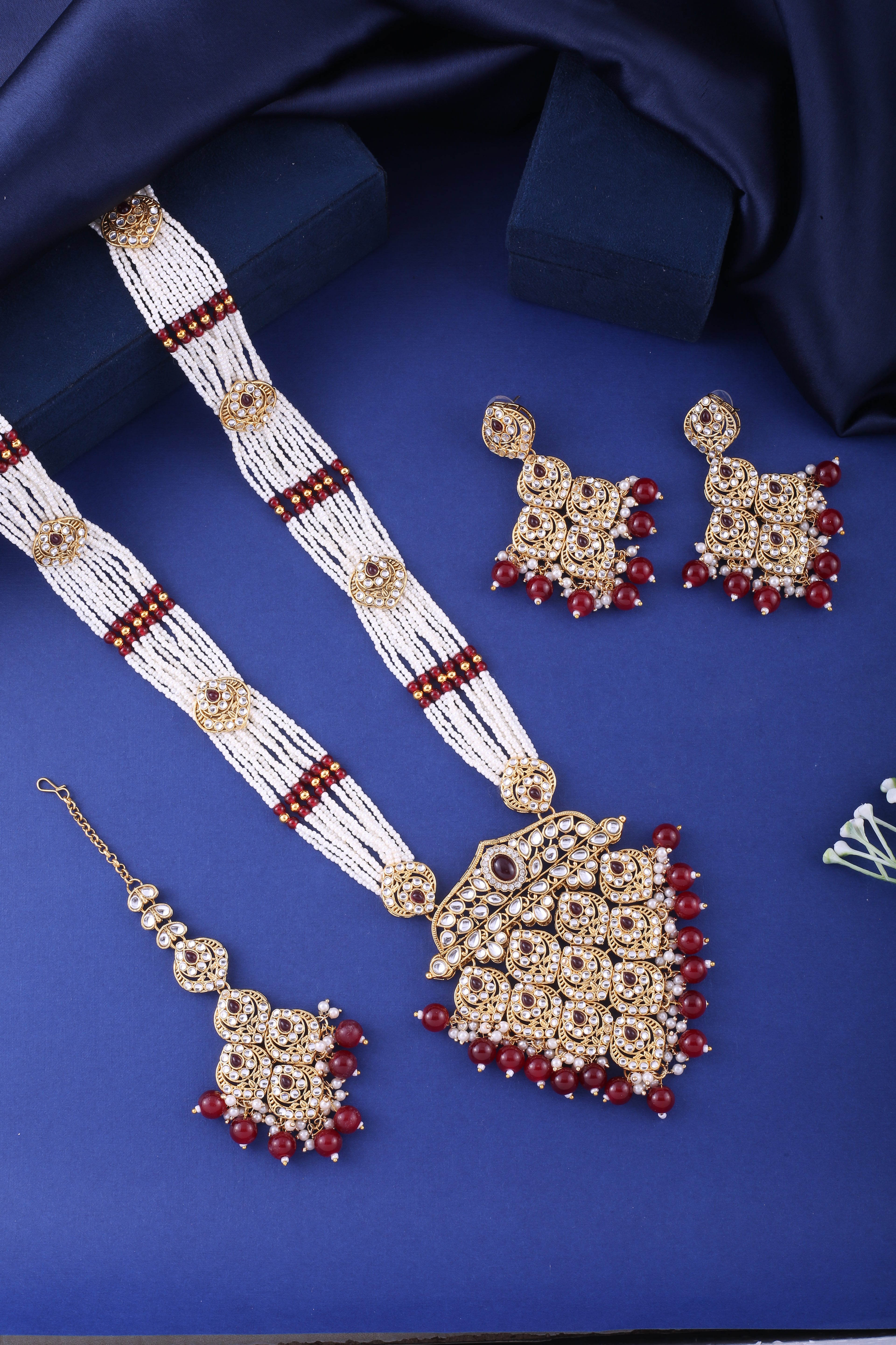 Ruby Polki Long Necklace Set With Maang Tikka