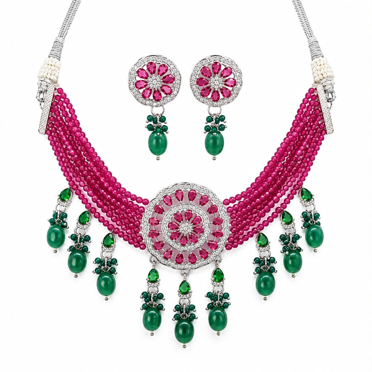 American Diamond Ruby Beads Choker Set front view – multi-strand ruby beads with CZ medallion