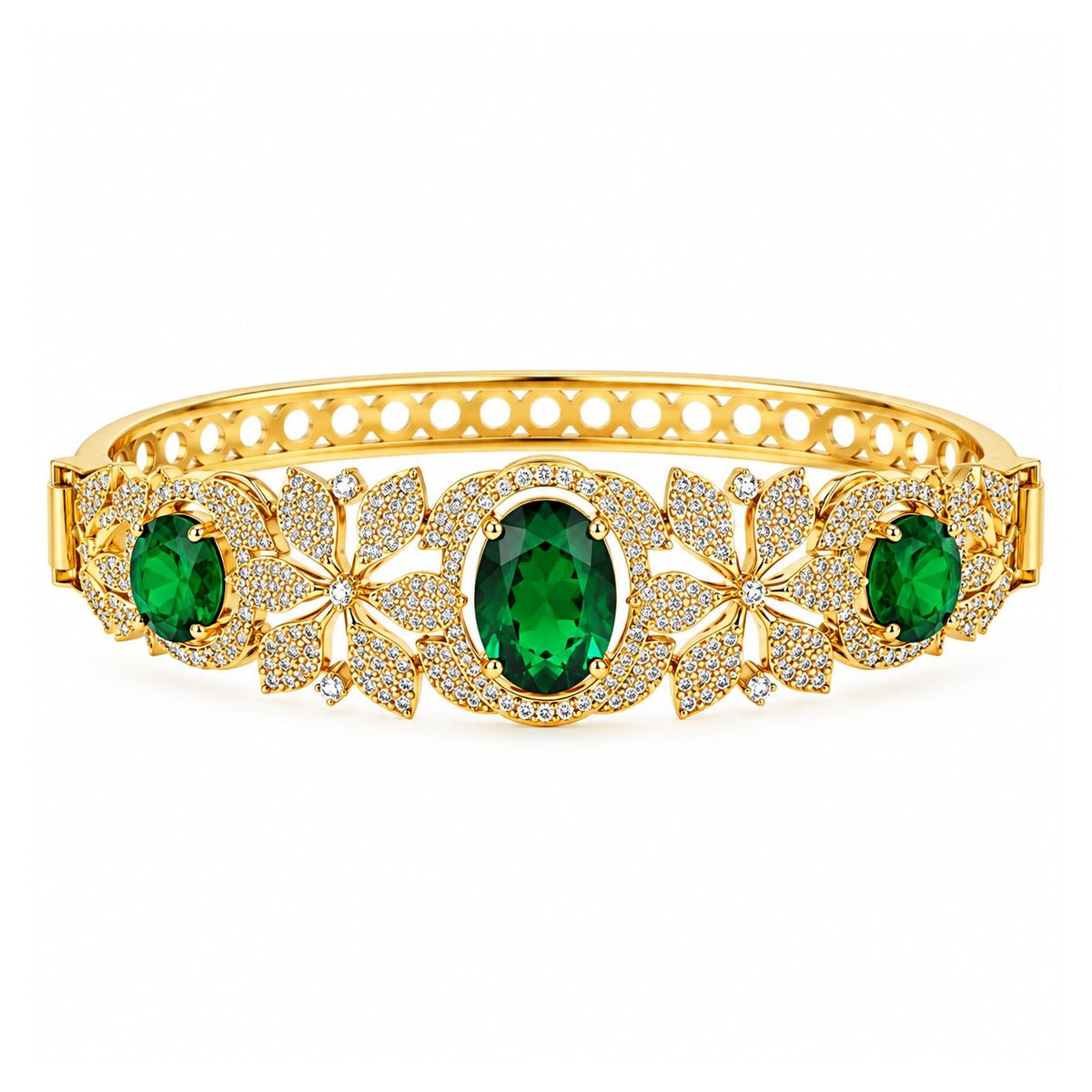 Openable gold polish American diamond bracelet with emerald green oval stones and pave floral design – Sparkling Trendz