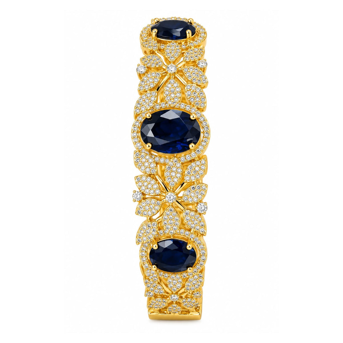 Sapphire blue American diamond gold bracelet top view showing pave floral detail – Sparkling Trendz