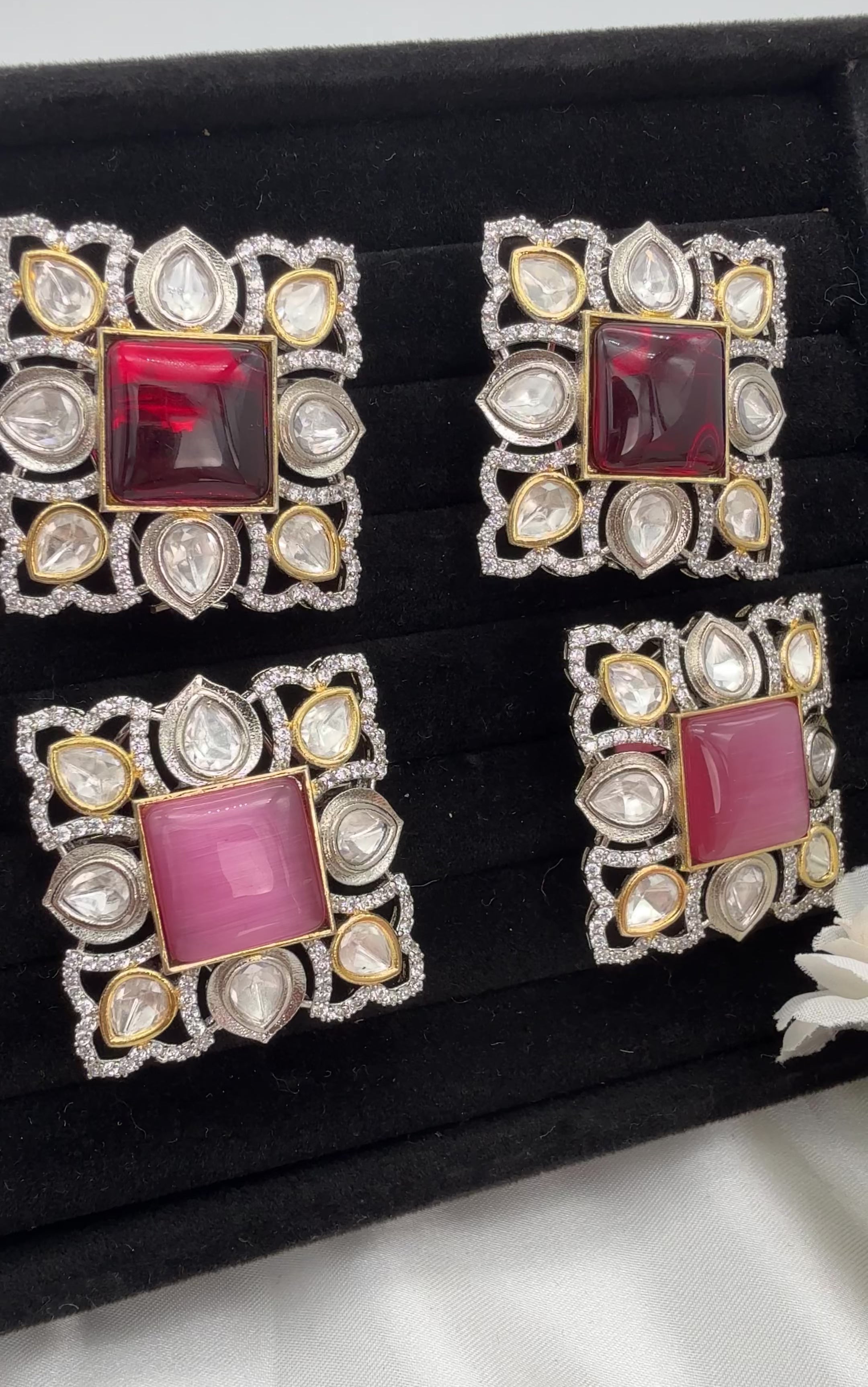 Pink Oversized Kundan Studs & Finger Ring Set