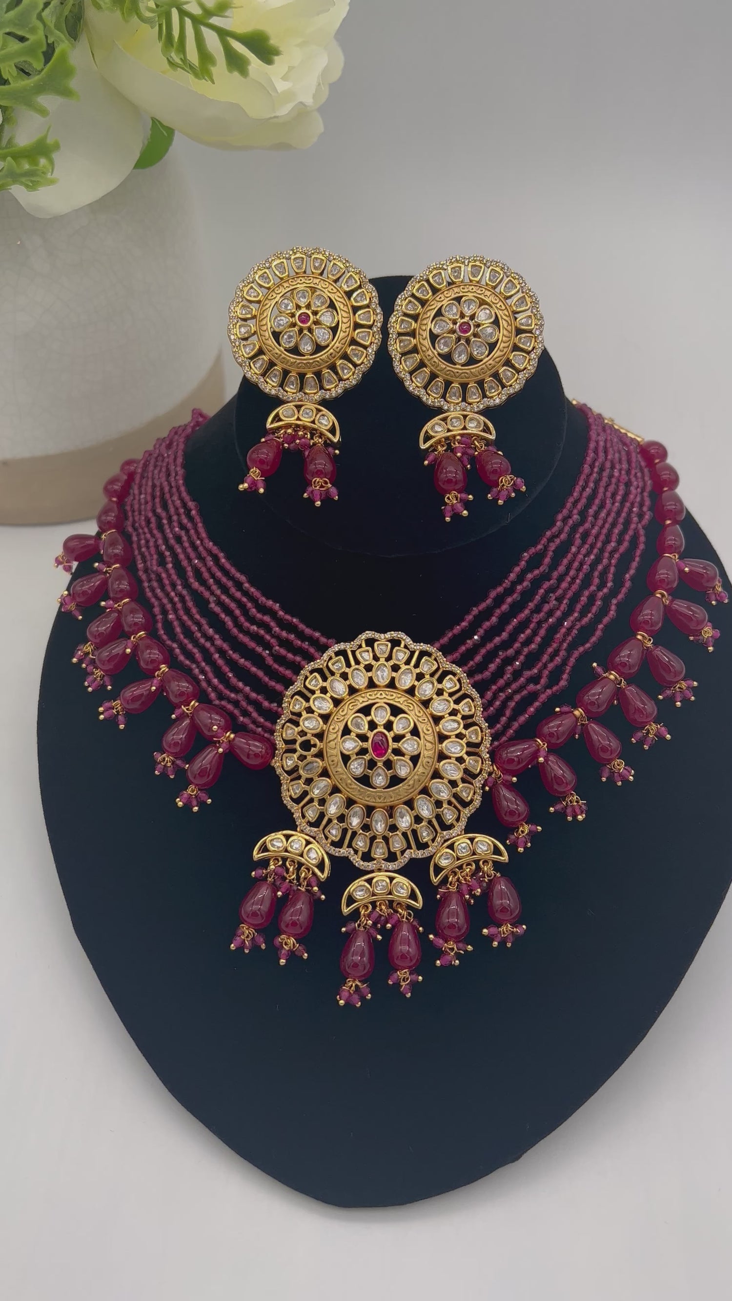Premium Ruby Kundan Rose Gold Choker Necklace Set