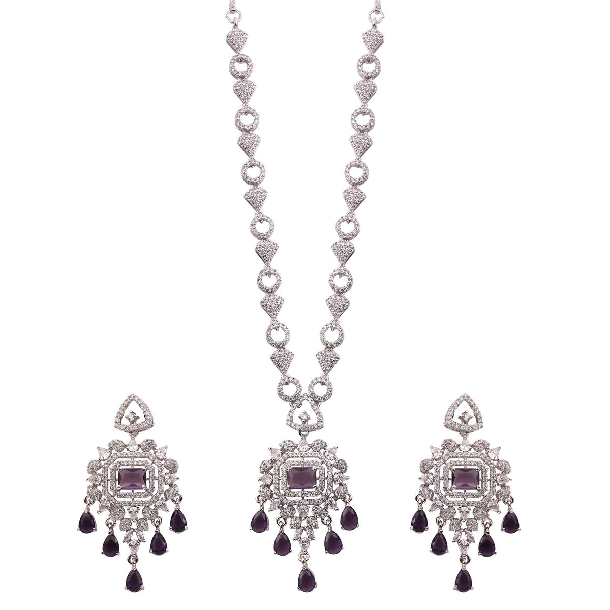 Amethyst Purple American Diamond Pendant Necklace Set with Chandelier Earrings