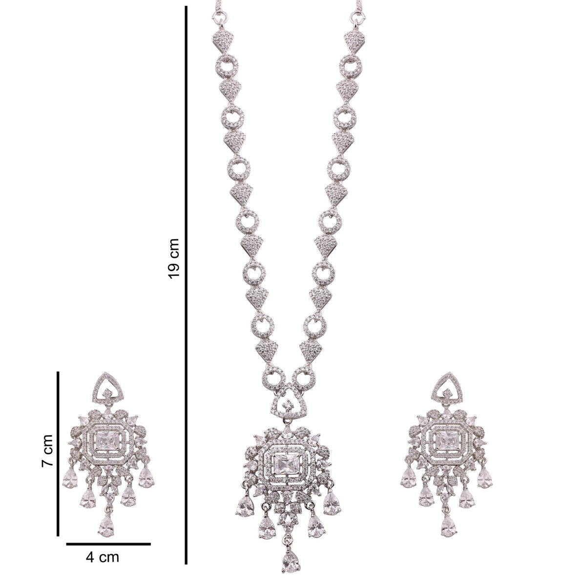 Clear American Diamond Pendant Necklace Set with Chandelier Earrings, with dimensions