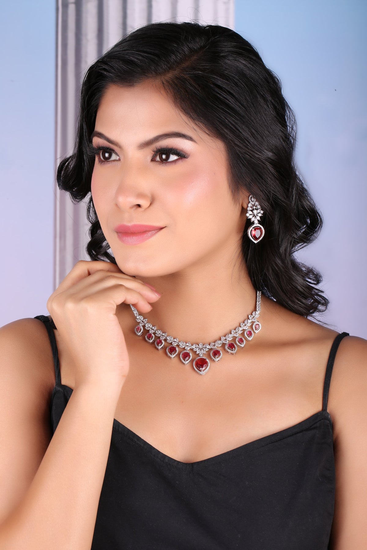 Ruby Red American Diamond Pear Drop Necklace Set, worn by model