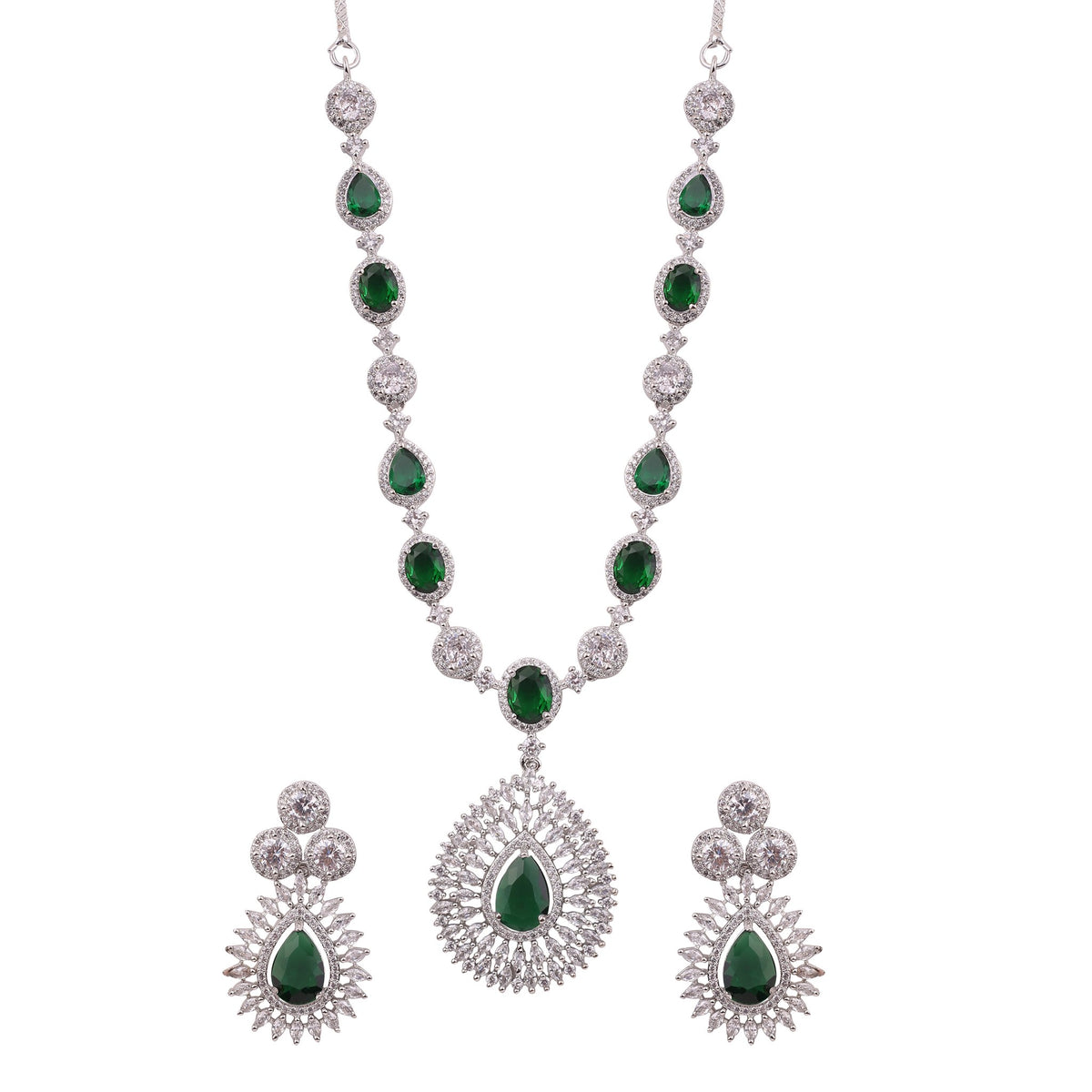 Emerald Green American Diamond Teardrop Pendant Necklace Set