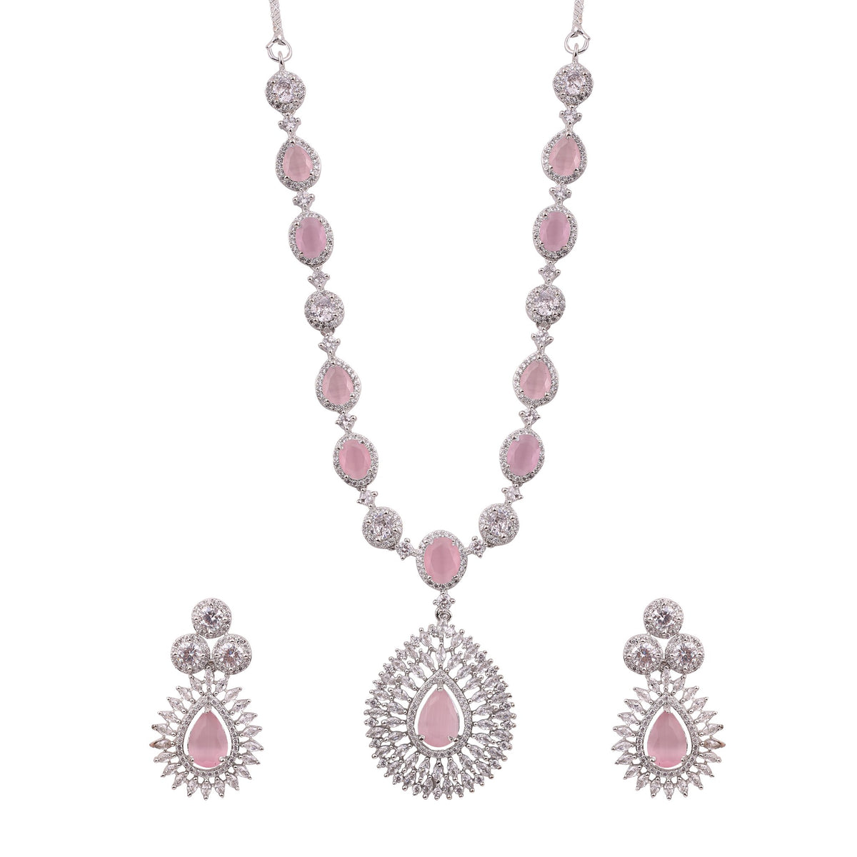 Pink American Diamond Teardrop Pendant Necklace Set