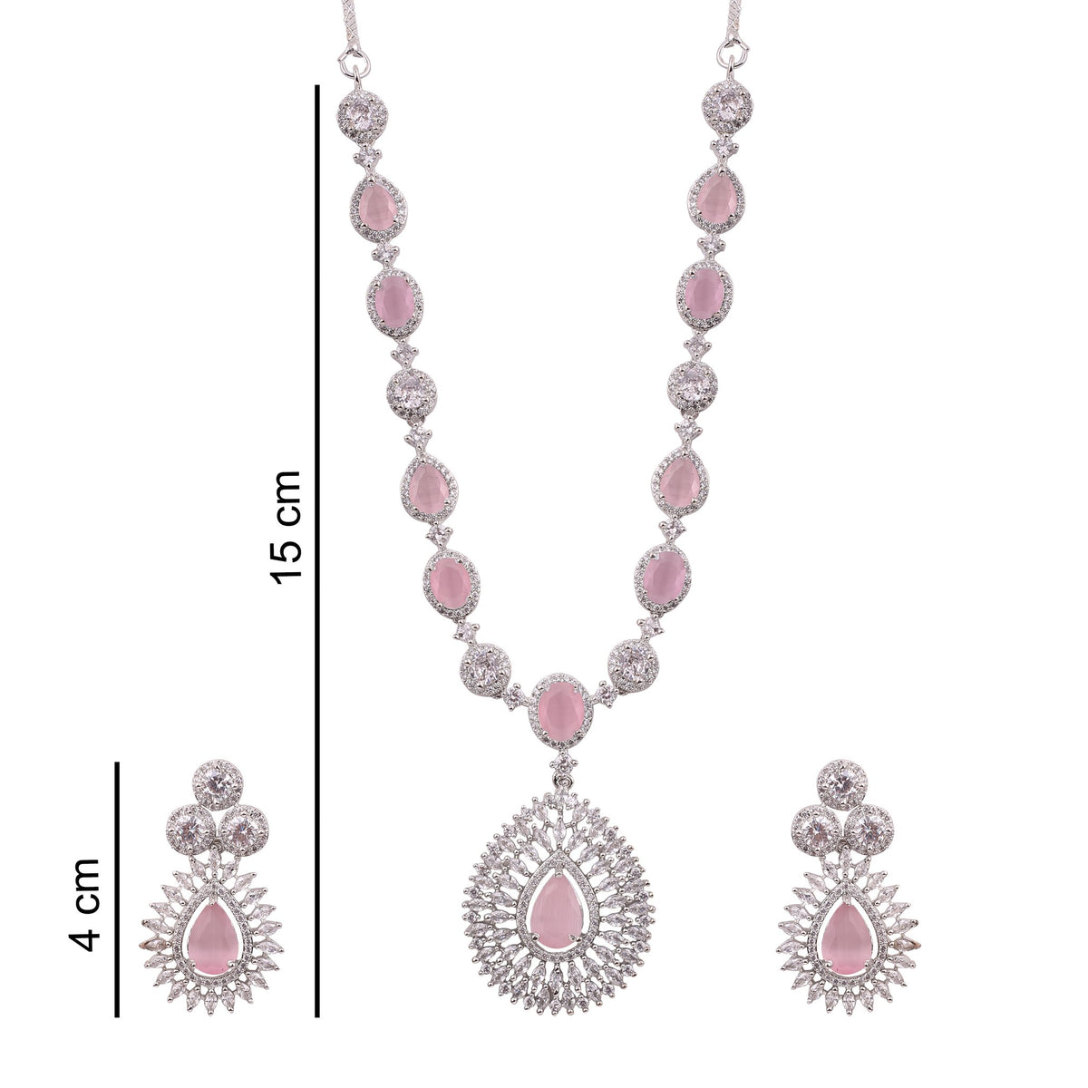 Pink American Diamond Teardrop Pendant Necklace Set, with dimensions