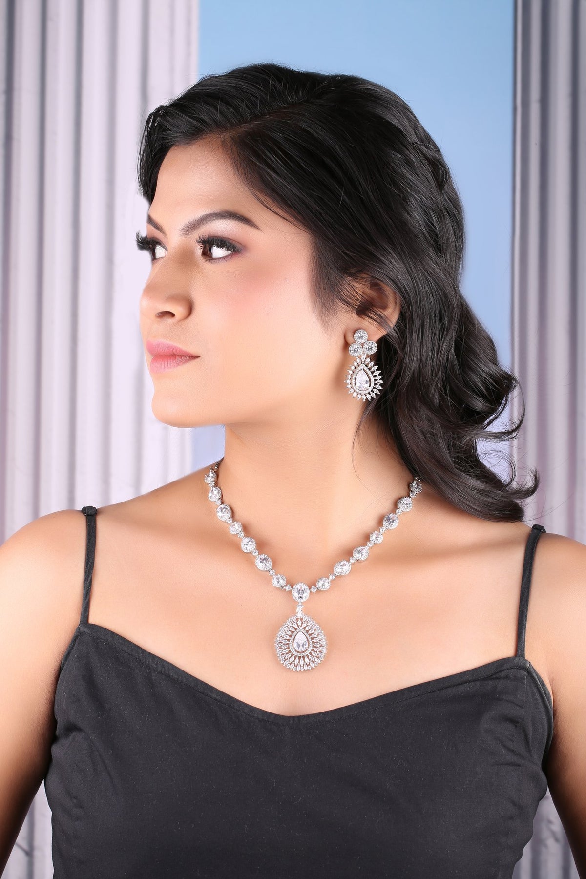 Clear American Diamond Teardrop Pendant Necklace Set, worn by model