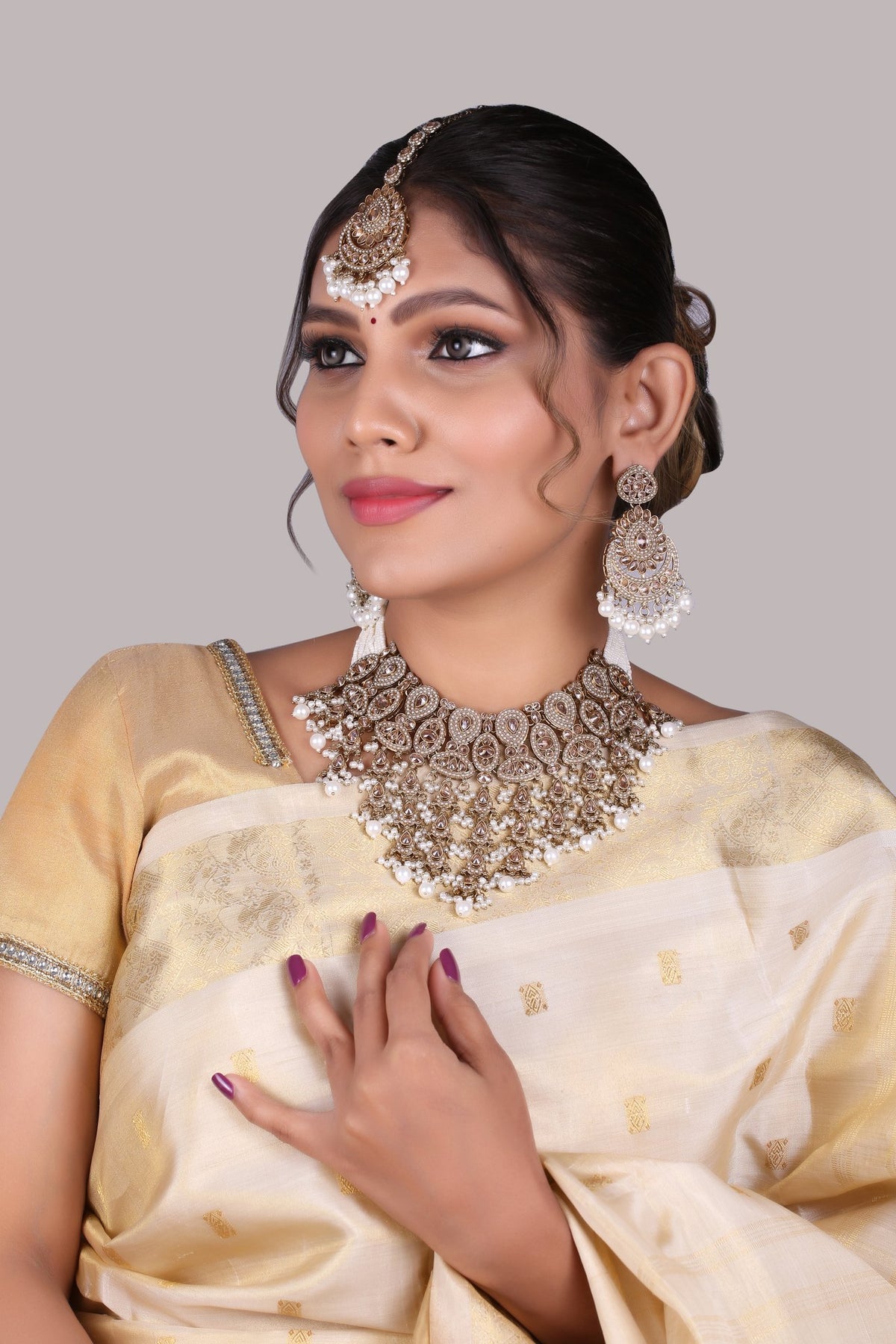 Antique Gold Polki Bridal Necklace Set with Pearl Strands, Chandbalis & Maang Tikka, worn by model