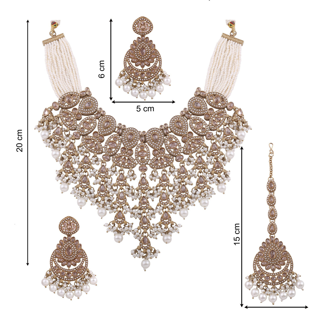 Antique Gold Polki Bridal Necklace Set with Pearl Strands, Chandbalis & Maang Tikka, with dimensions