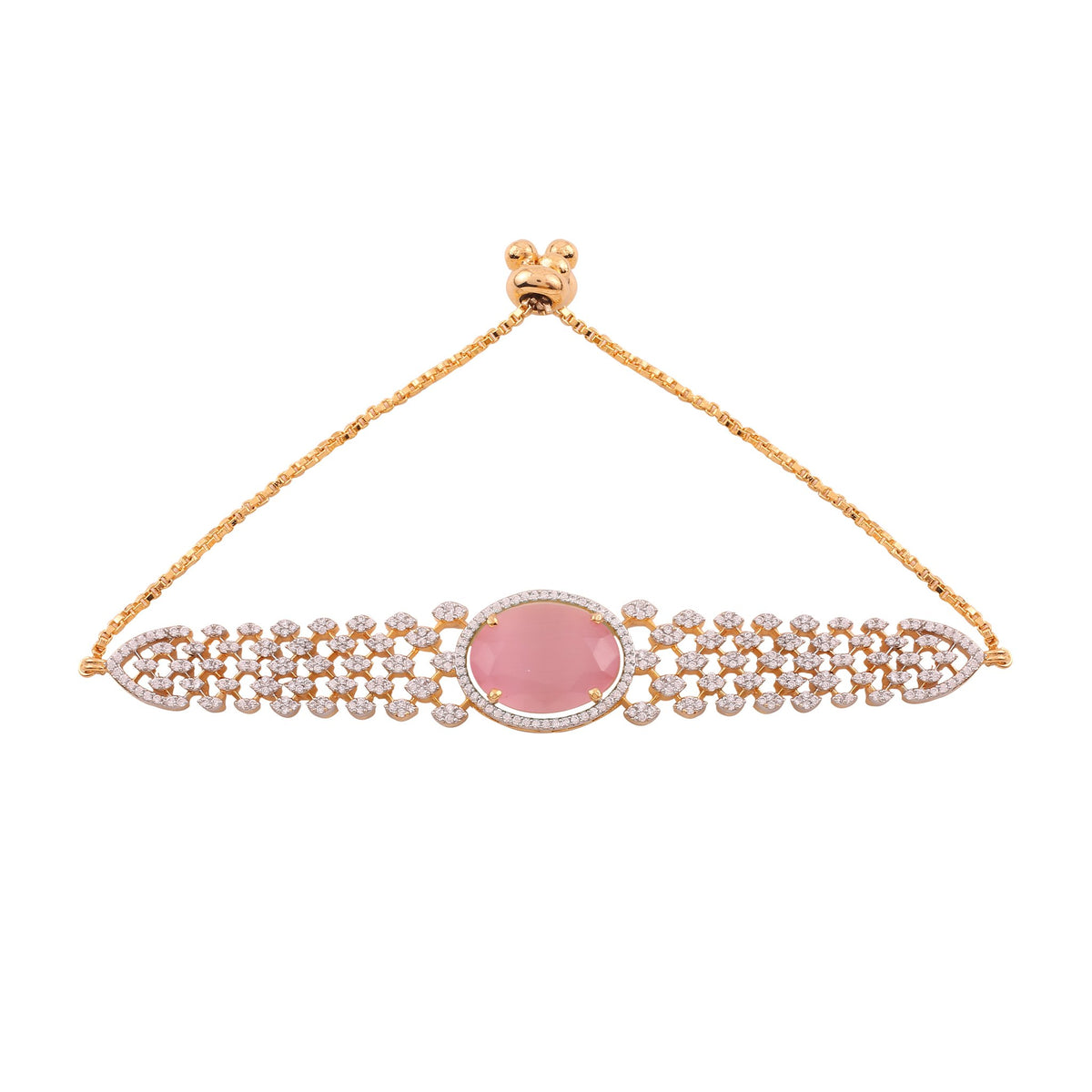 Adjustable Cubic Zirconia Bracelet with Oval Stone - Pink, with dimensions