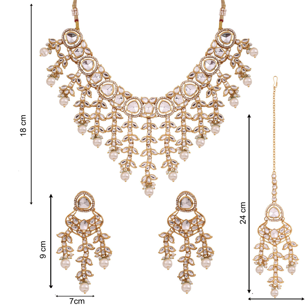 Pearl Kundan Cascade Necklace Set with Maang Tikka, with dimensions