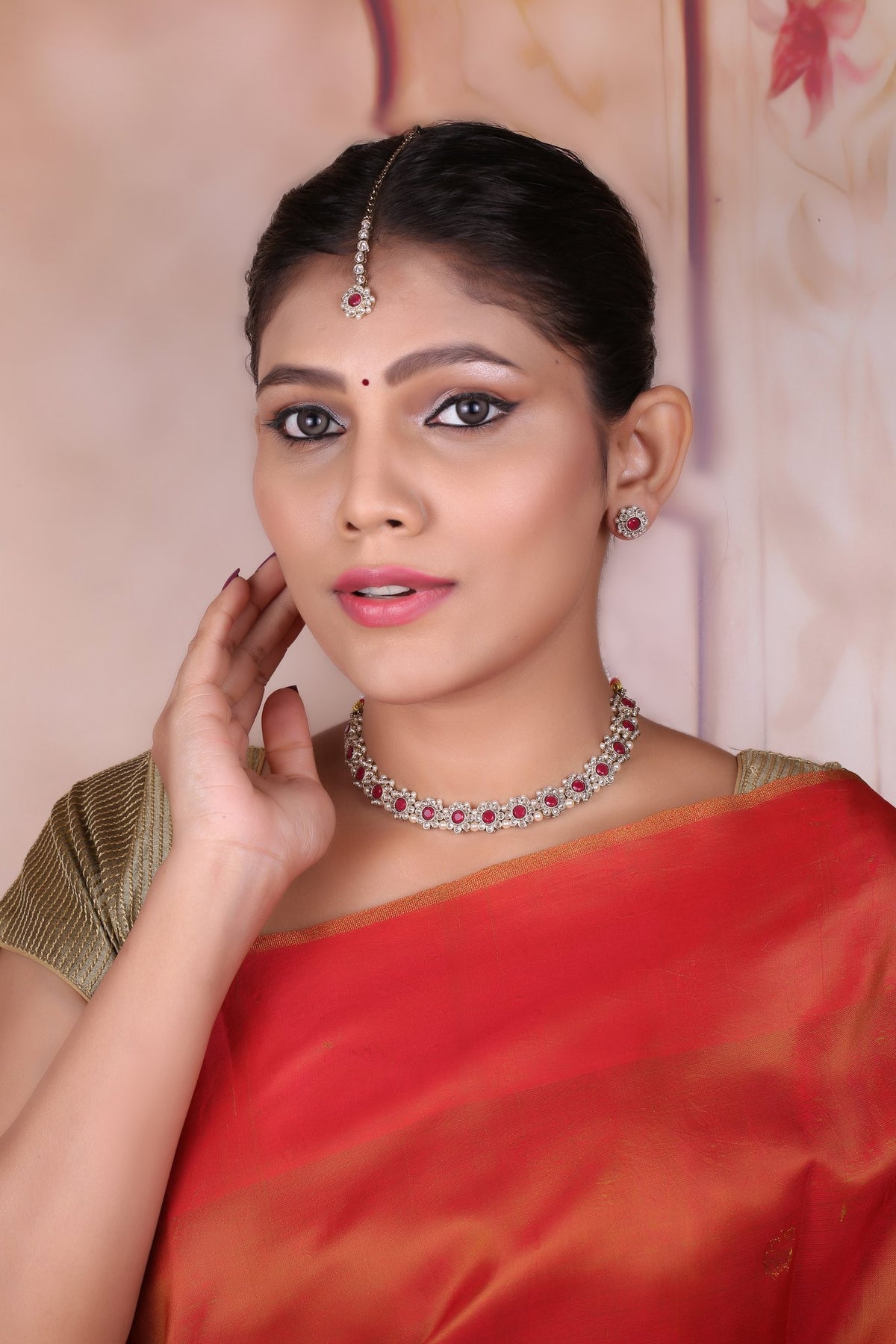 Ruby Red Polki Floral Necklace Set with Studs & Maang Tikka, worn by model