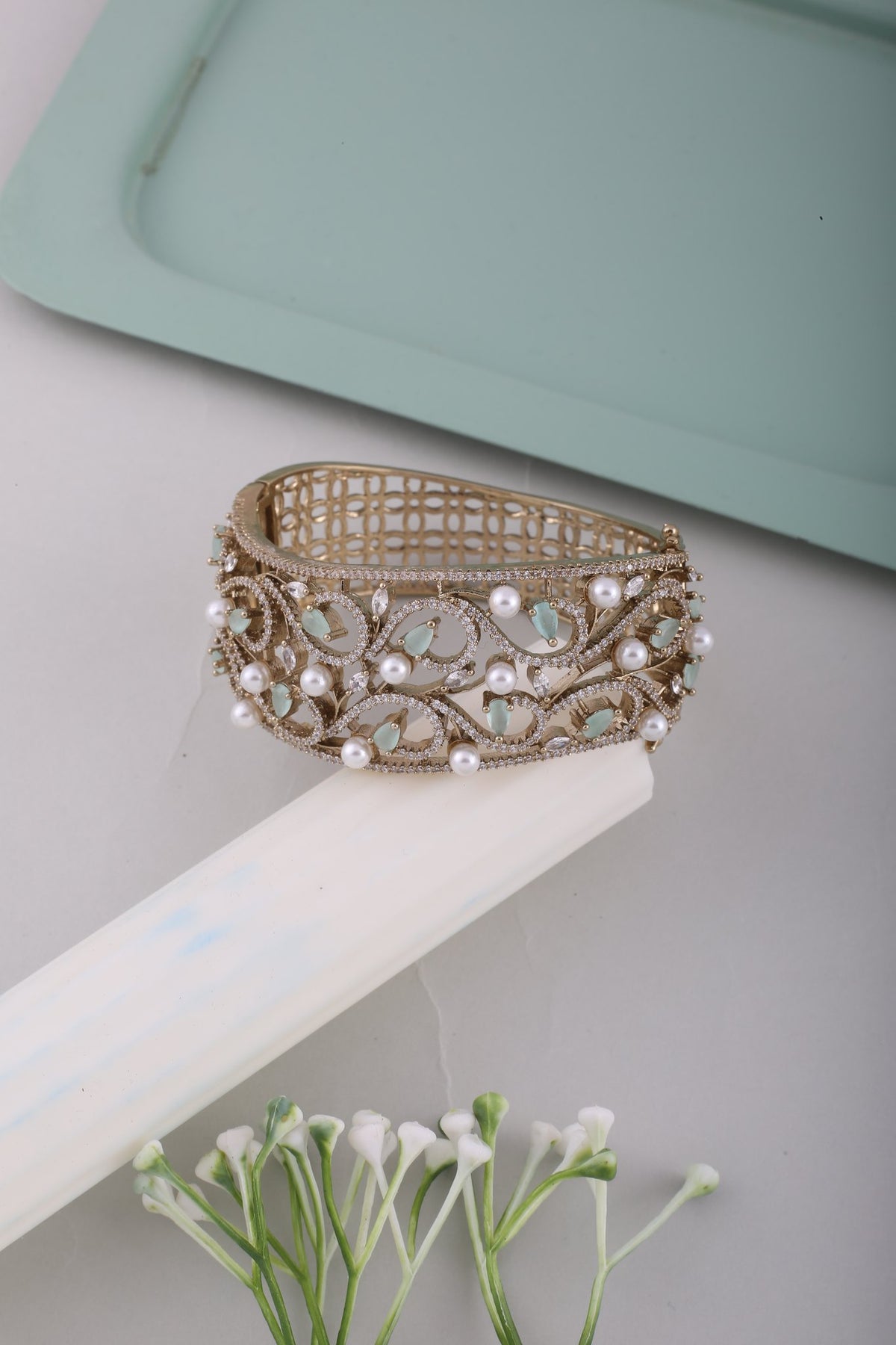Victorian Pearl & Mint Stone Filigree Kada, styled flat lay