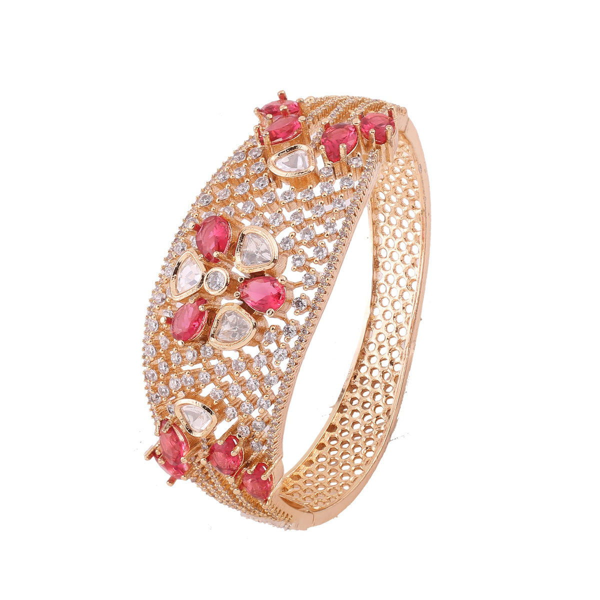 Polki Flower American Diamond Kada - Ruby Red
