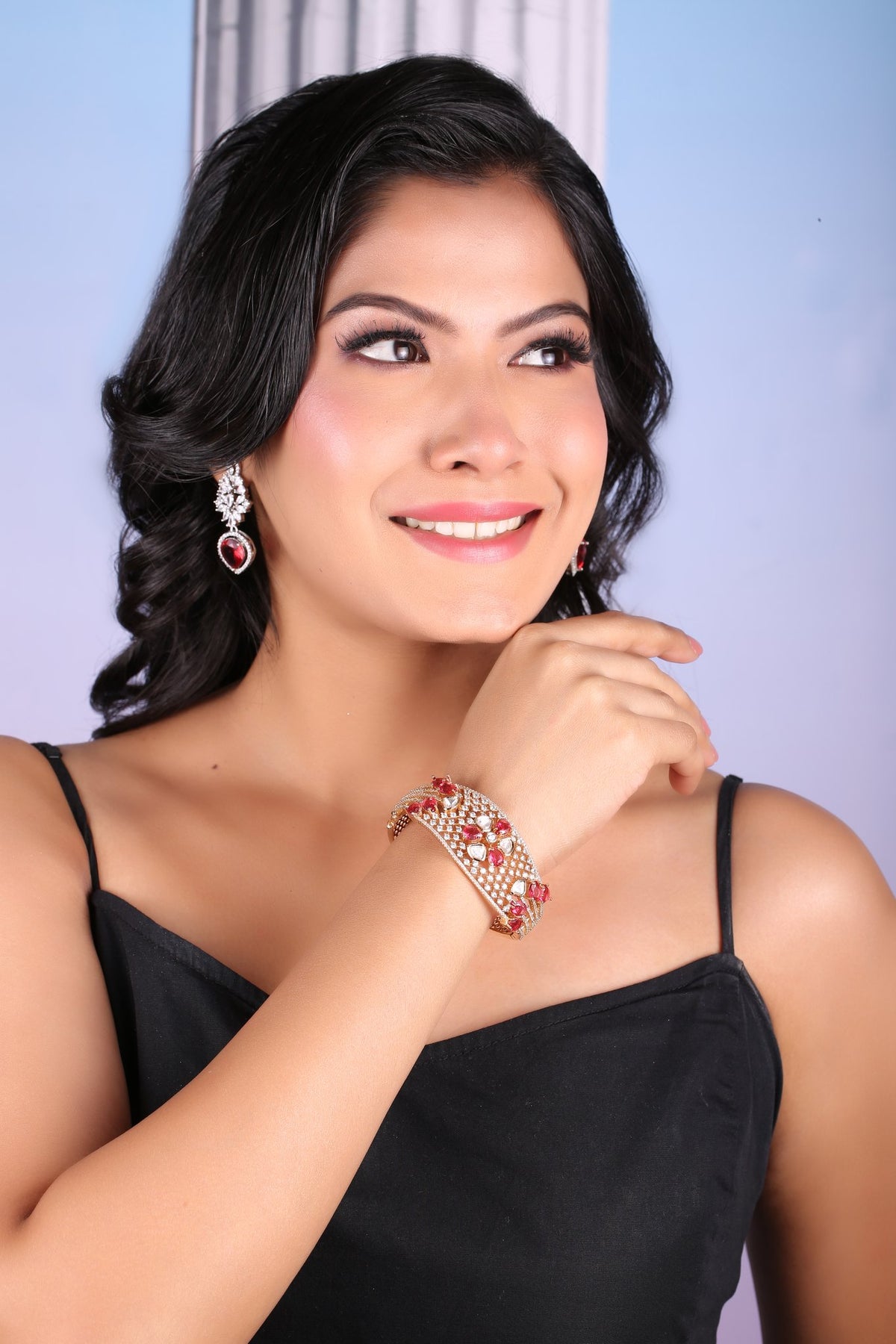 Polki Flower American Diamond Kada - Ruby Red, worn by model