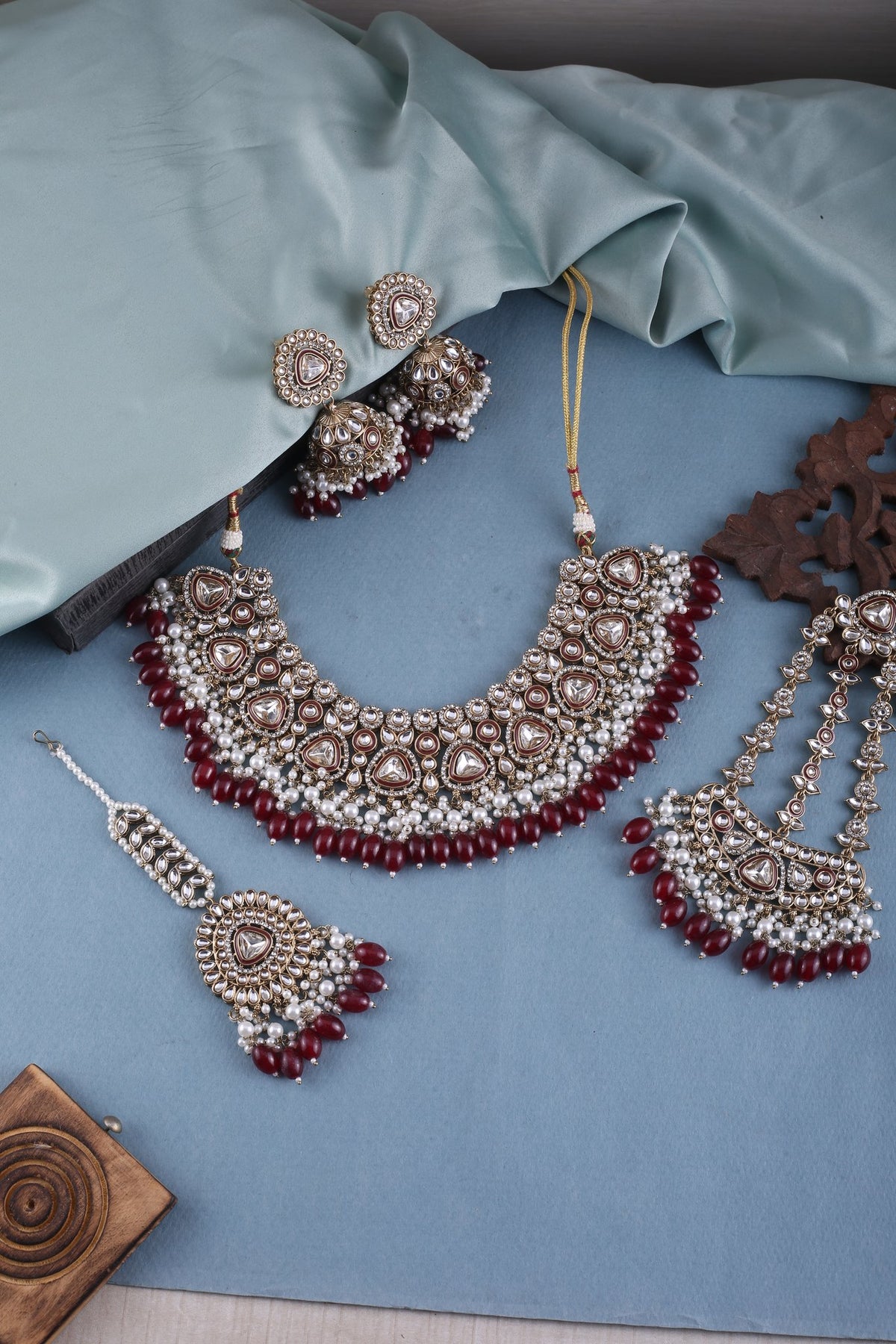 Ruby Polki Bridal Choker Set with Jhumkas, Maang Tikka & Passa, with dimensions
