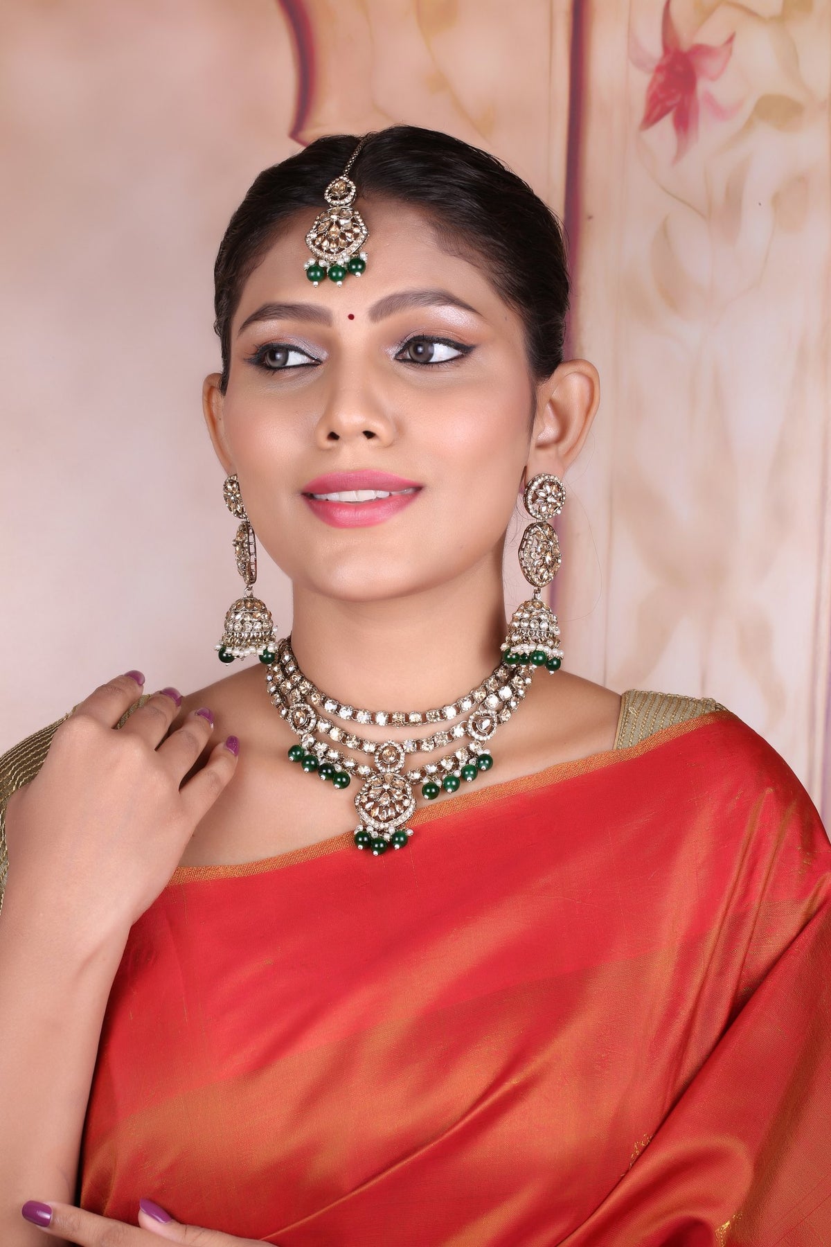 Emerald Green Three Layer Polki Necklace Set with Jhumkas & Maang Tikka, worn by model