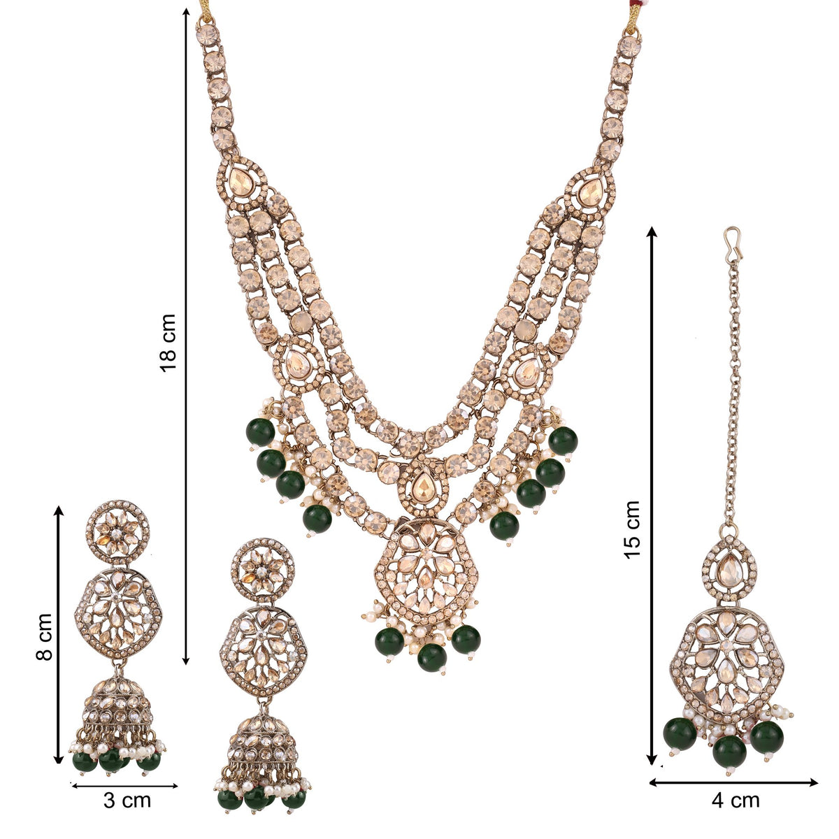 Emerald Green Three Layer Polki Necklace Set with Jhumkas & Maang Tikka, with dimensions