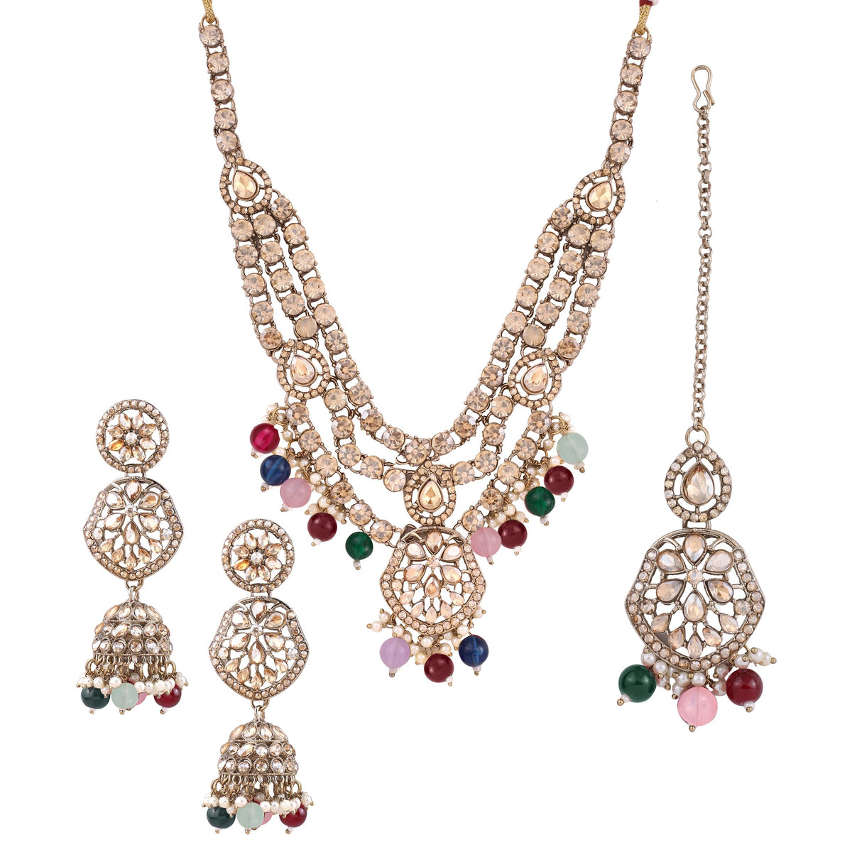 Multicolor Three Layer Polki Necklace Set with Jhumkas & Maang Tikka
