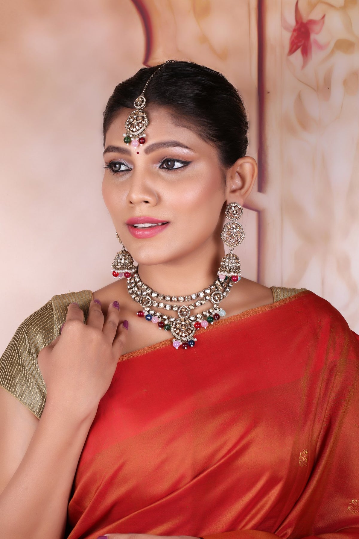 Multicolor Three Layer Polki Necklace Set with Jhumkas & Maang Tikka, worn by model