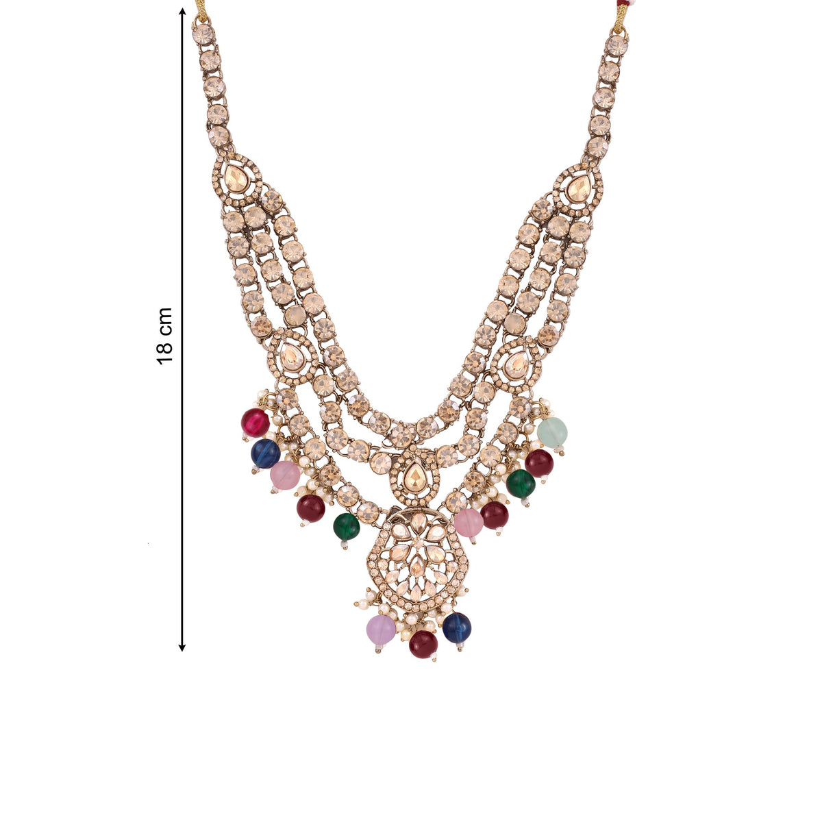 Multicolor Three Layer Polki Necklace Set with Jhumkas & Maang Tikka, alternate view