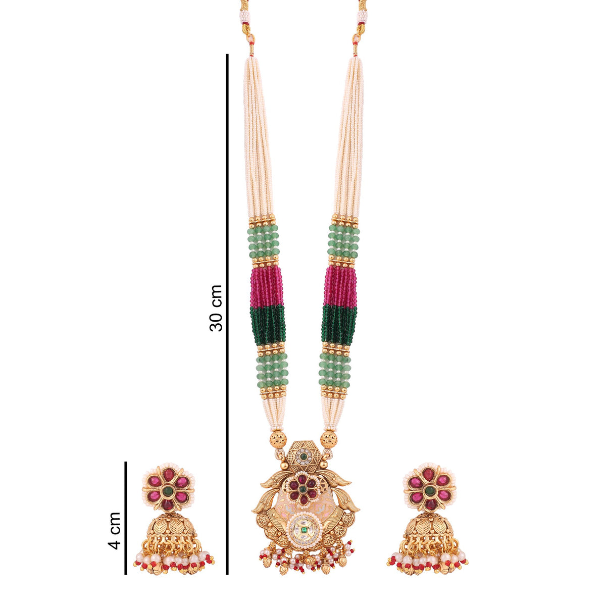 Multicolor Bead Pearl Long Necklace Set with Temple Pendant & Jhumkas, with dimensions