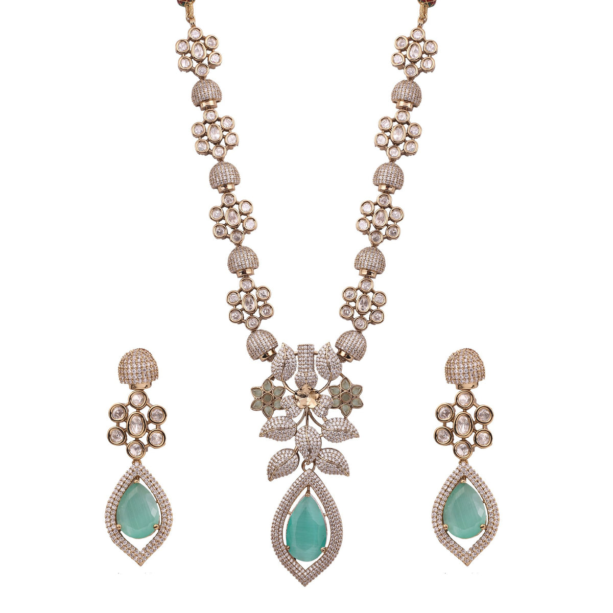 Mint Green Victorian American Diamond Floral Necklace Set