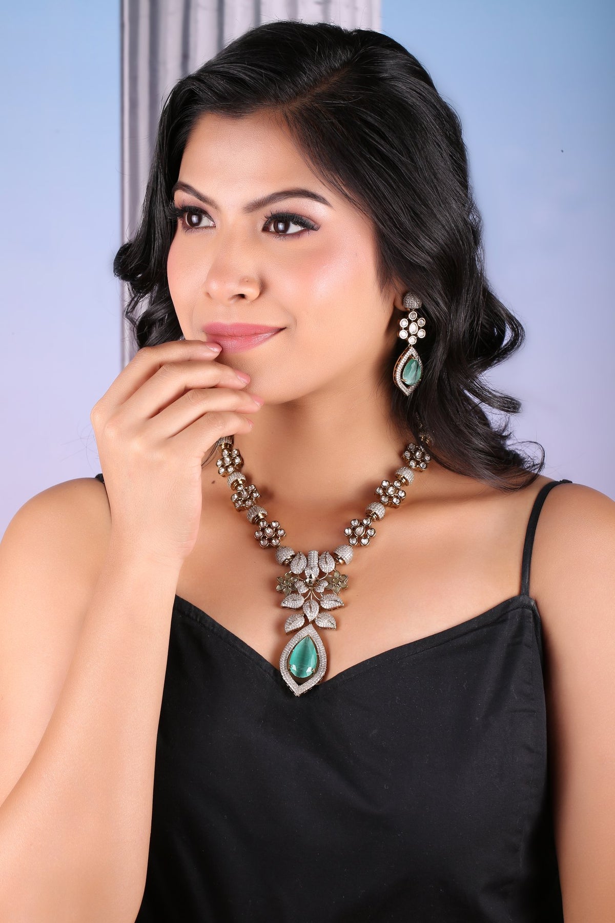 Mint Green Victorian American Diamond Floral Necklace Set, worn by model