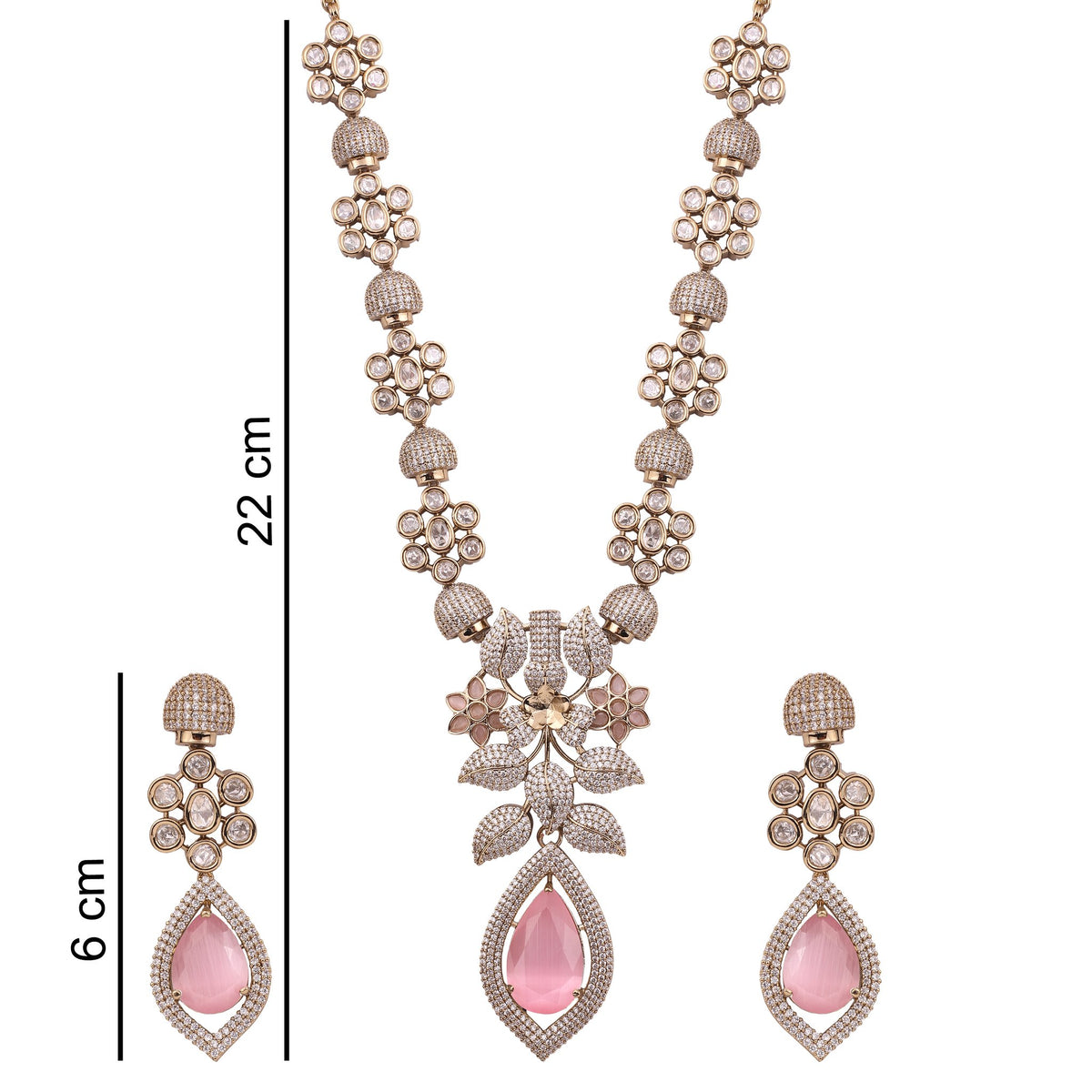 Pink Victorian American Diamond Floral Necklace Set, with dimensions