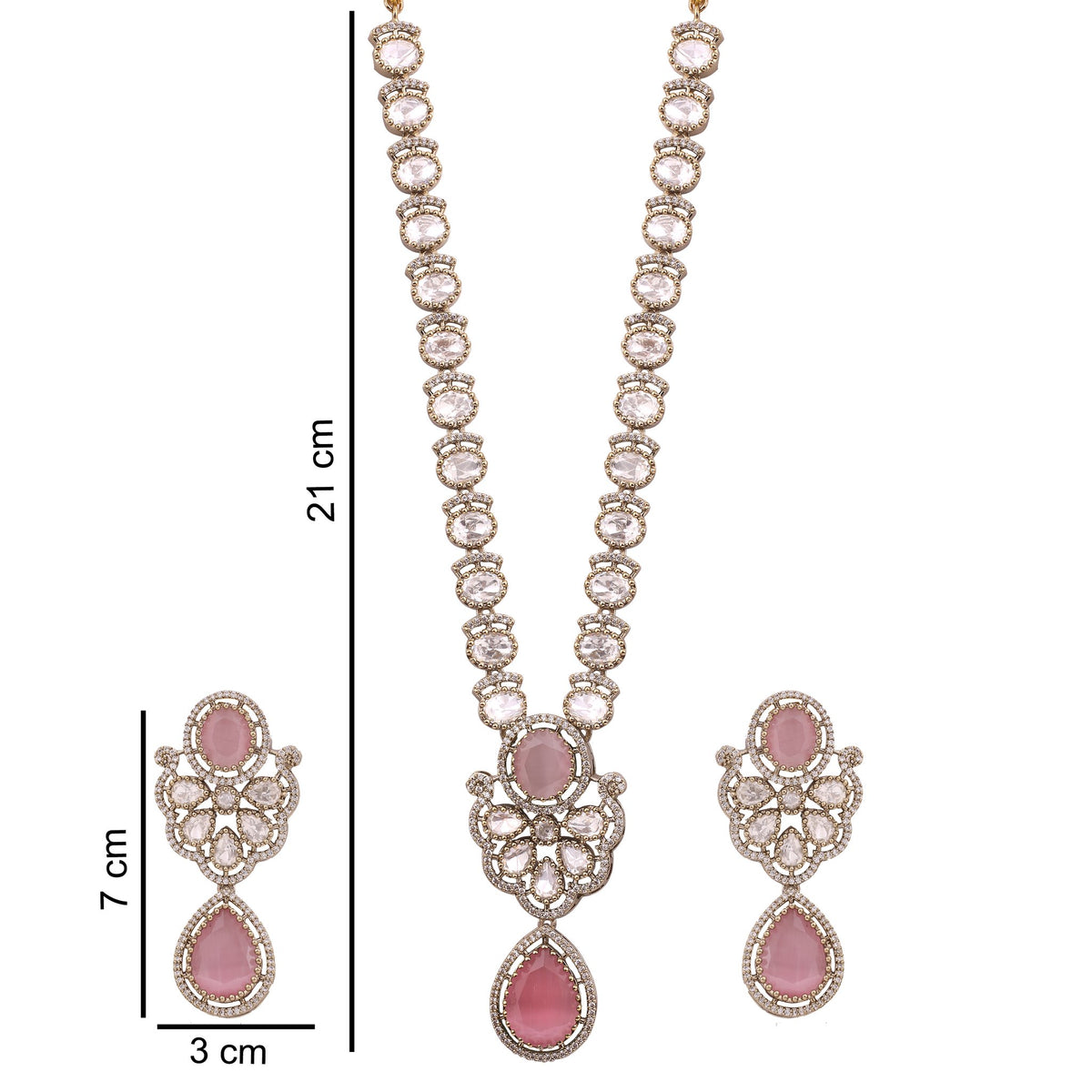 Pink Victorian Kundan American Diamond Long Necklace Set, with dimensions