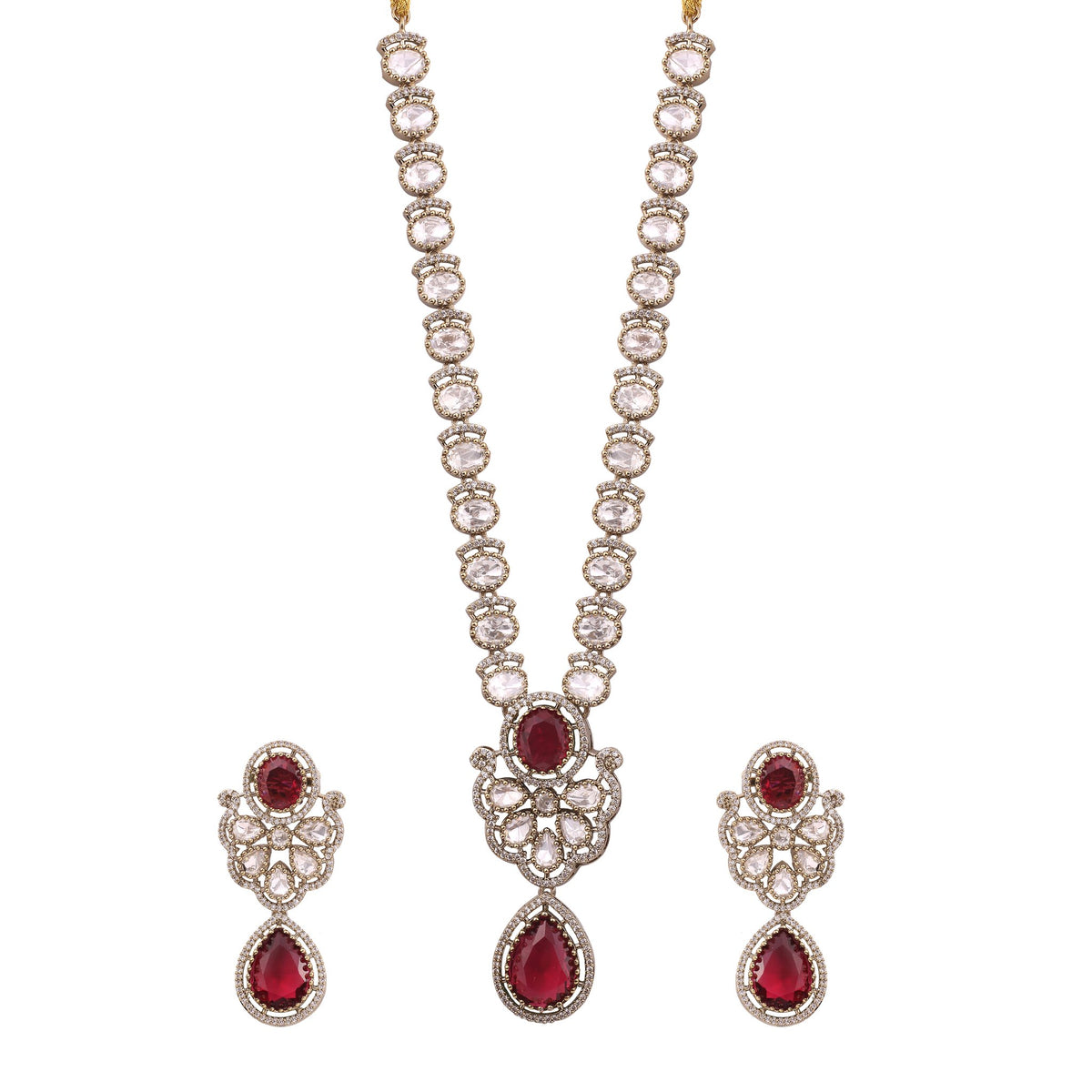 Ruby Red Victorian Kundan American Diamond Long Necklace Set