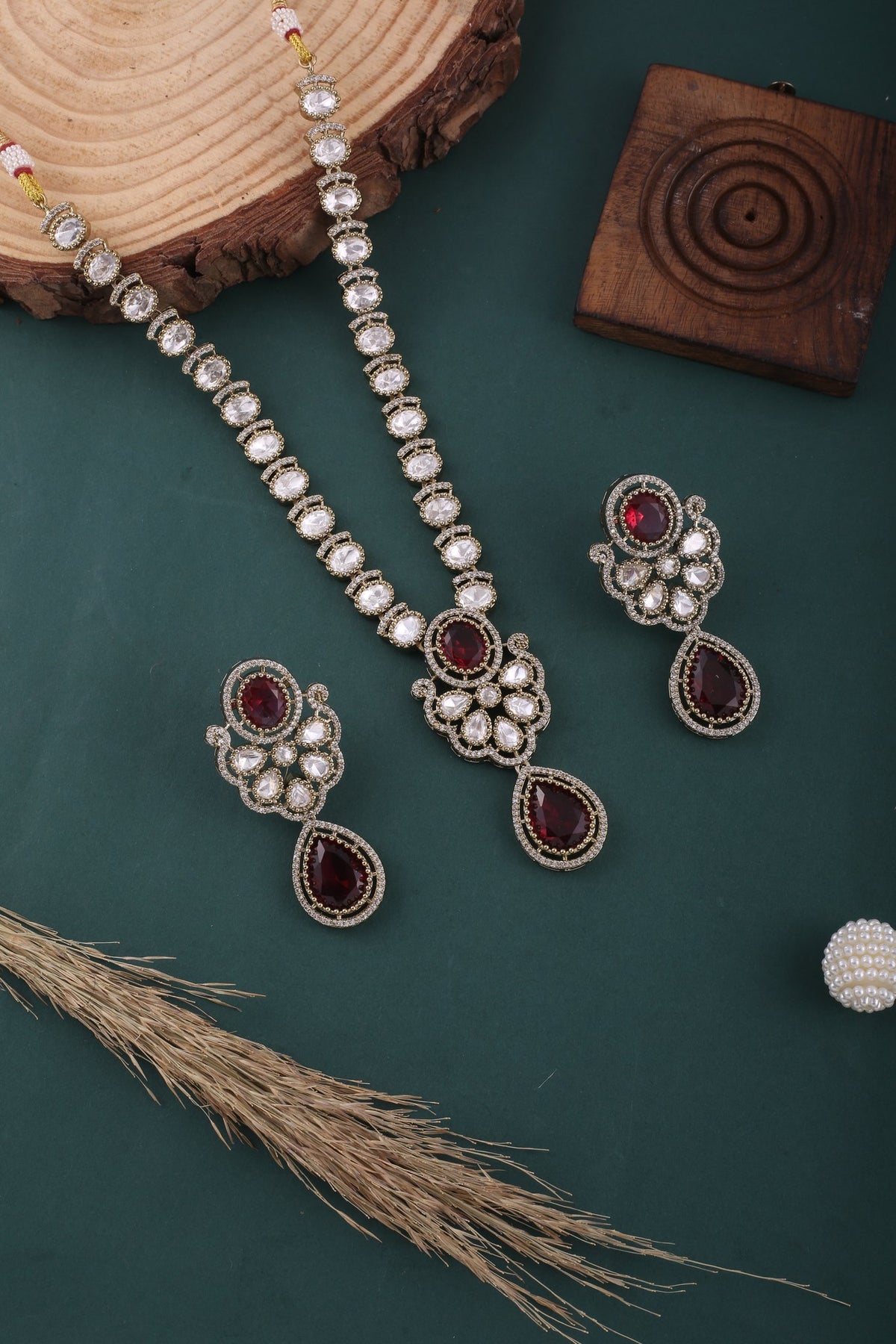 Ruby Red Victorian Kundan American Diamond Long Necklace Set, styled flat lay