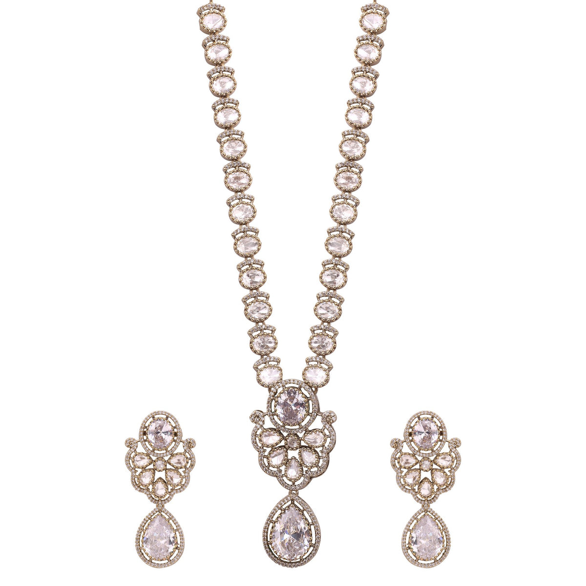 Ivory Victorian Kundan American Diamond Long Necklace Set