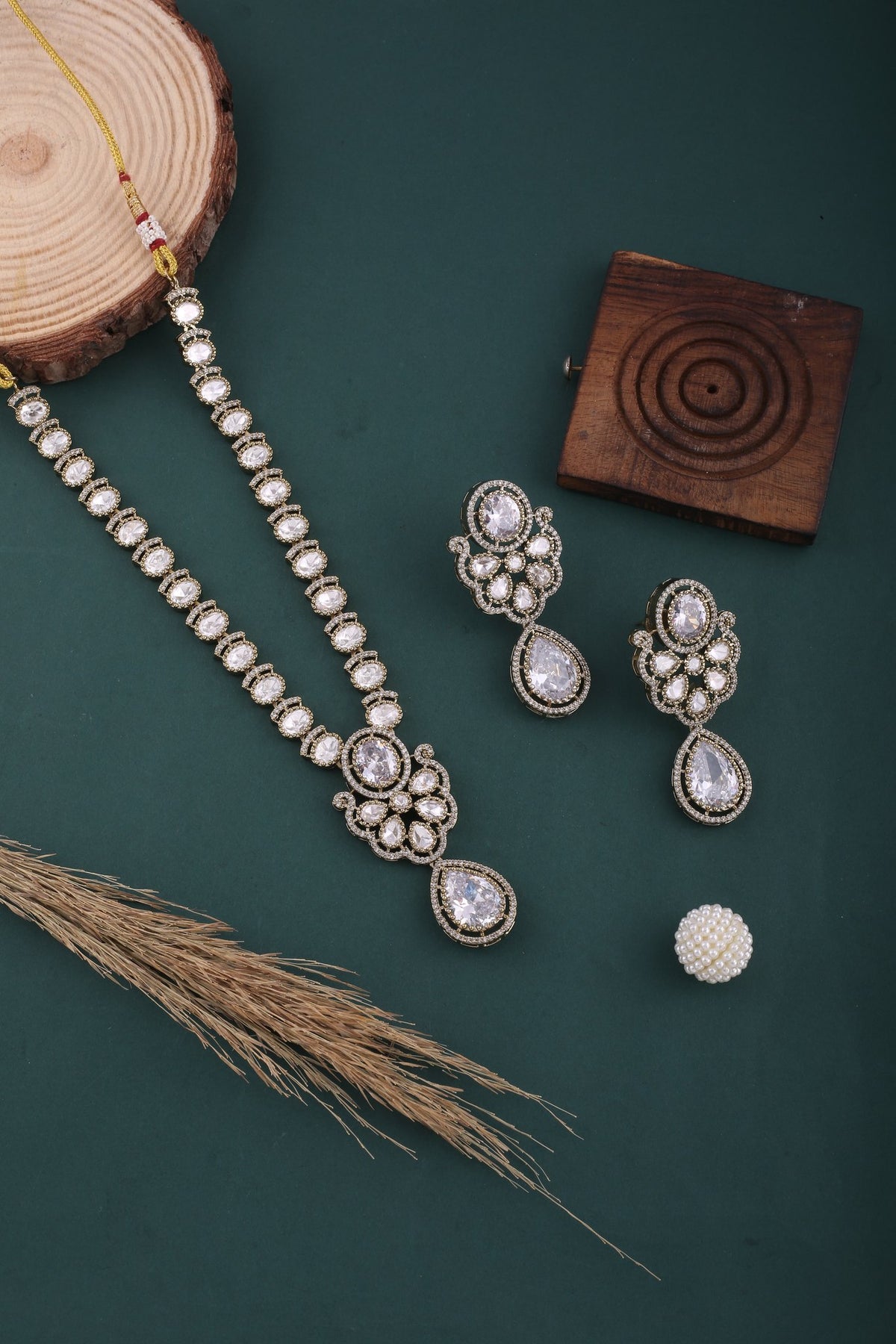 Ivory Victorian Kundan American Diamond Long Necklace Set, styled flat lay