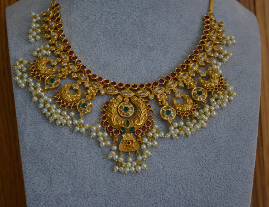 Kemp Multi Stone Chandran Pearl Hanging Nacklace Set With Chandbali Necklaces