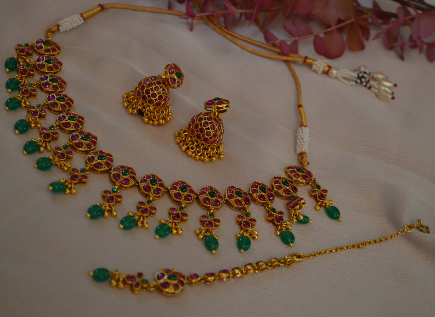 Kemp Multi Stone Leaf Shape Choker Set With Jhumki & Maang Tikka Necklaces