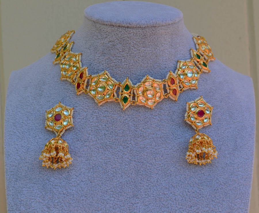 Curvy Flower Tyaani Kundan Pearl Beaded Jhumki Earring Choker Set Necklaces