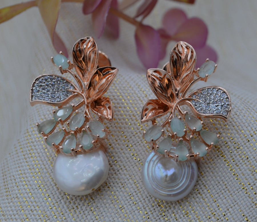 Cz Studded Flower Petal Shape Baroque Pearl Studs Earrings