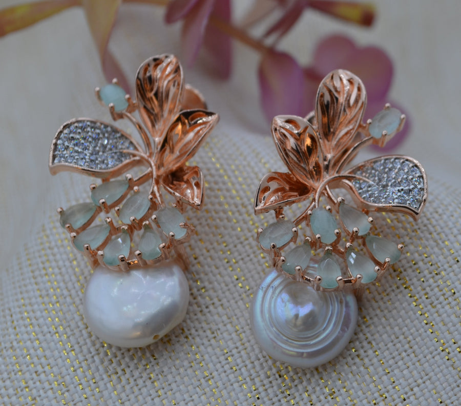 Cz Studded Flower Petal Shape Baroque Pearl Studs Mint Earrings