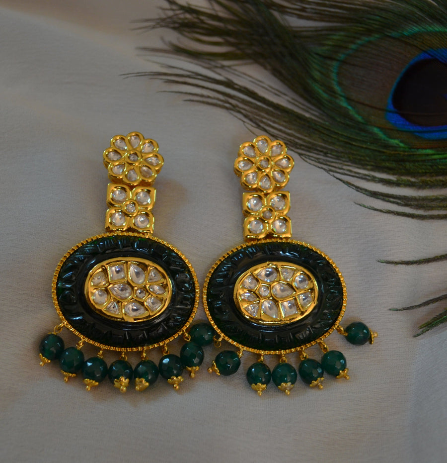 Rabia Amrapali Inspired Carved Stone Uncut Kundan Earrings Green