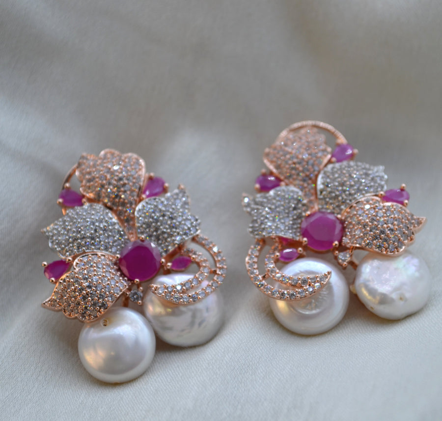 Cz Studded Flower Petal Design Baroque Pearl Earrings. Ruby Earrings
