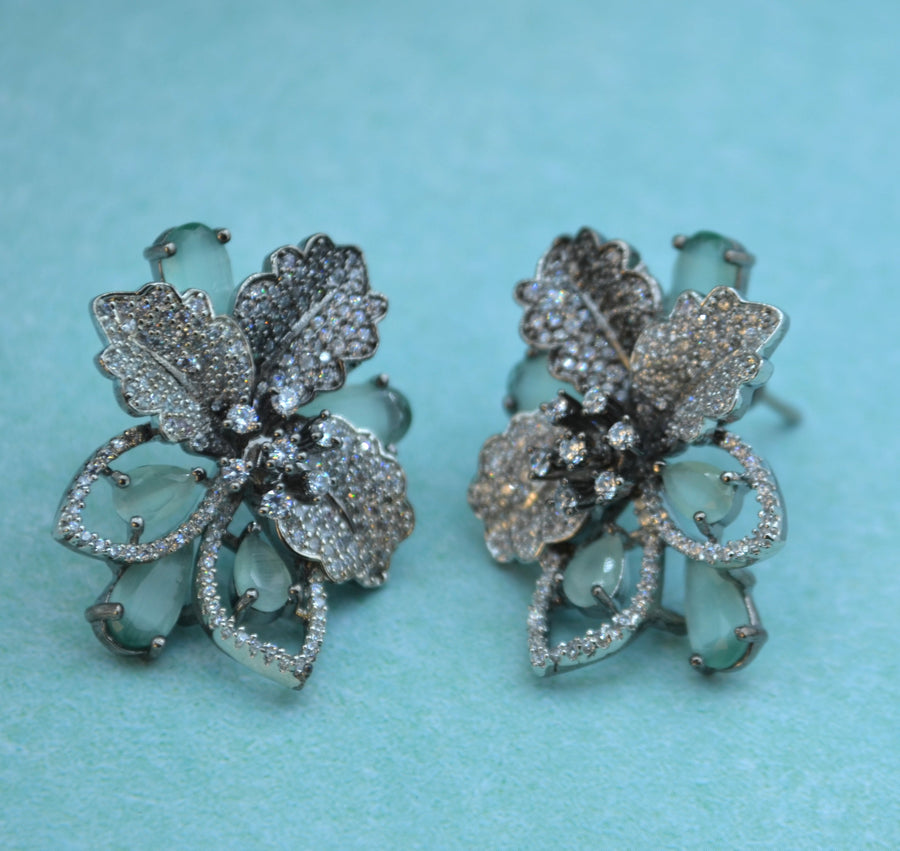 Cz 3D Flower Pave Studs Mint Earrings