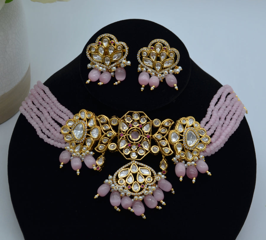 Naaz Pachi Kundan Choker Set Pink Necklaces