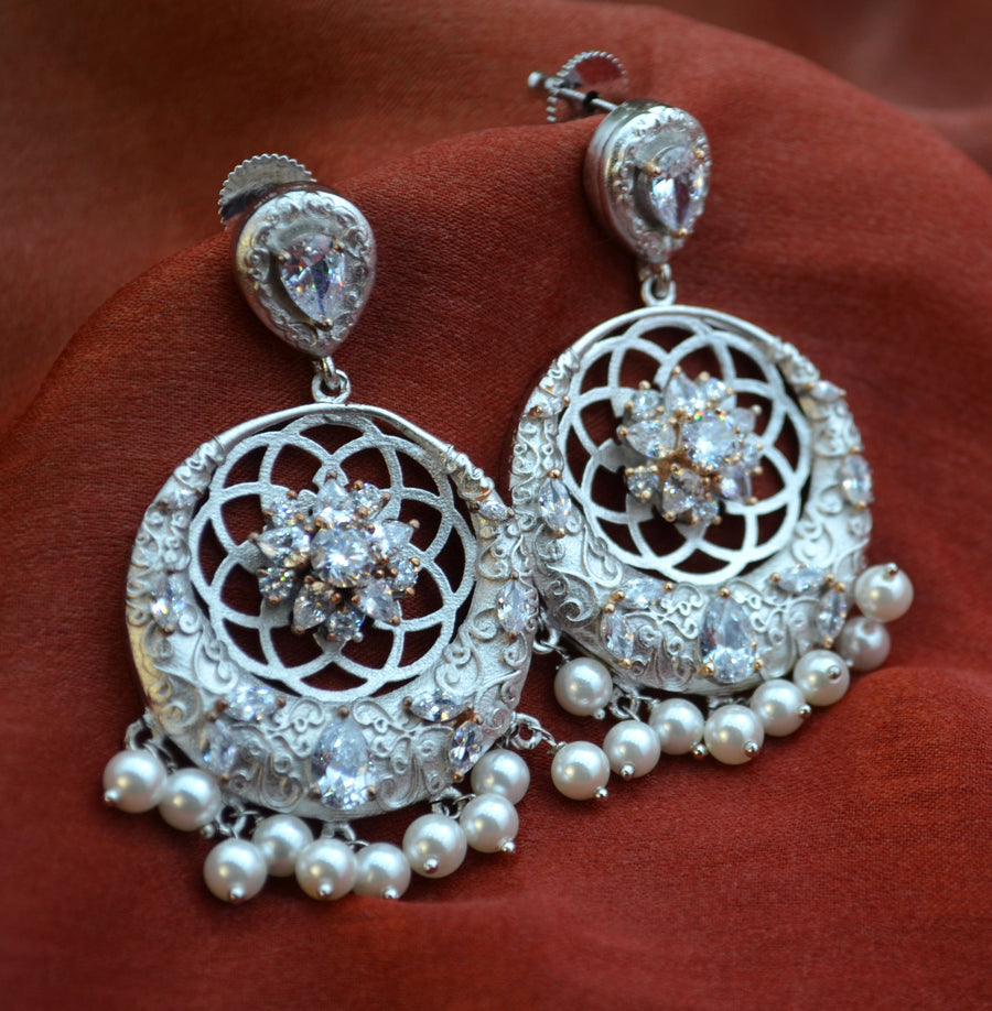 Inaya Cz Studded Flower Chandbali Earring Silver Earrings